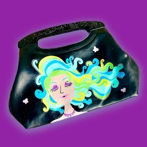 Forever By Fossil hand painted black leather handbag wooden handles vintage